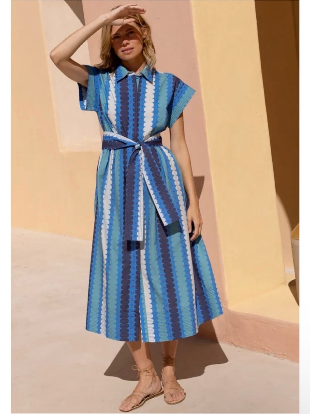 Oliphant Blue and White Striped Midi Shirt Dress with Tie Belt